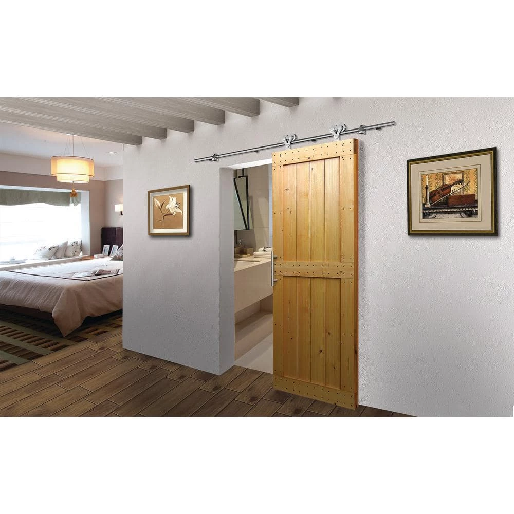 DELANEY HARDWARE 6 ft. Brushed Steel Double Wheel Round Track Barn Door Hardware Kit 4 DELANEY HARDWARE 6 ft. Brushed Steel Double Wheel Round Track Barn Door Hardware Kit - Image 2