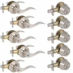 DELANEY HARDWARE 5-Bennett Satin Nickel Entry Door Handles and 5-Satin Nickel Single Cylinder Deadbolt All Keyed Alike