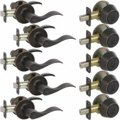 DELANEY HARDWARE 5-Bennett Edged Oil Rubbed Bronze Entry Door Handles and 5-Edged Oil Rubbed Bronze Sgl Cyl Deadbolts All Keyed Alike