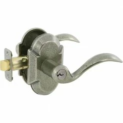 DELANEY HARDWARE Sandcast Tiara Aged Pewter Keyed Entry Right Hand Door Handle with Curved Backplate