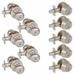 DELANEY HARDWARE 5-Fairfield Satin Nickel Round Entry Door Locks and 5-Satin Nickel Single Cylinder Deadbolts All Keyed Alike