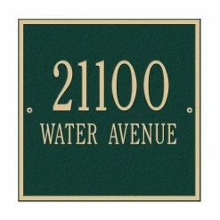 Whitehall Products Square Standard Wall 2-Line Address Plaque - Green/Gold