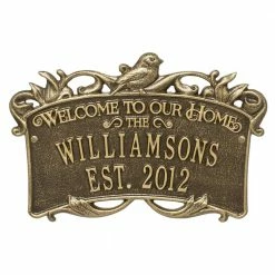 Whitehall Products Songbird Welcome Rectangular Standard 2-Line Wall Anniversary Personalized Plaque in Antique Brass