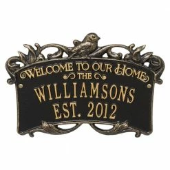 Whitehall Products Songbird Welcome Rectangular Standard 2-Line Wall Anniversary Personalized Plaque in Black/Gold