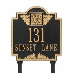 Whitehall Products Monogram Standard Lawn Square Black/Gold 2-Line Address Plaque